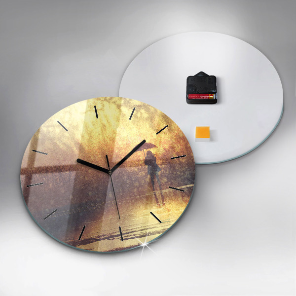 Round glass wall clock woman with umbrella