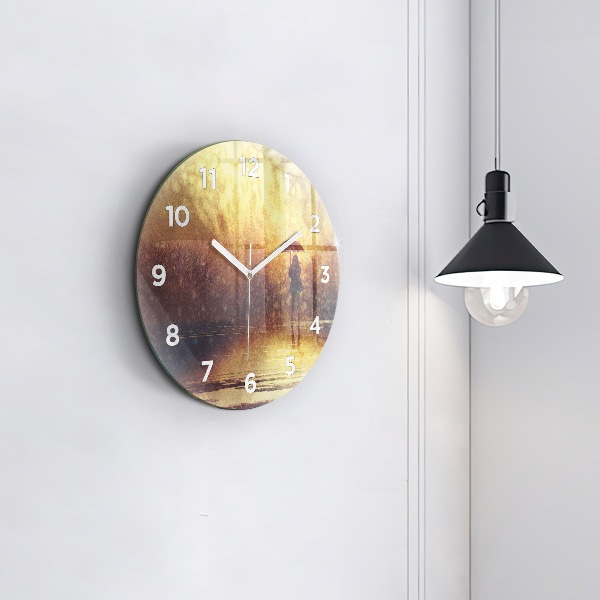Round glass wall clock woman with umbrella