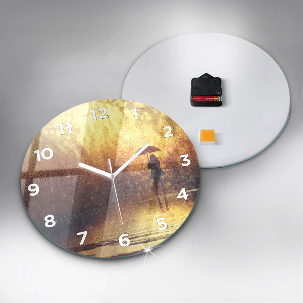 Round glass wall clock woman with umbrella