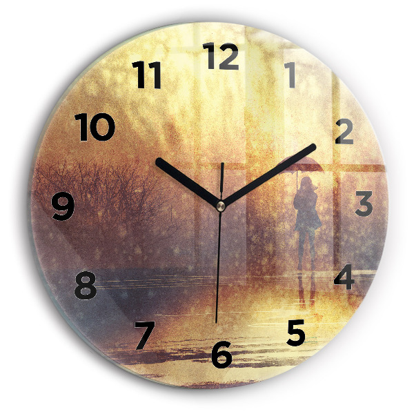 Round glass wall clock woman with umbrella