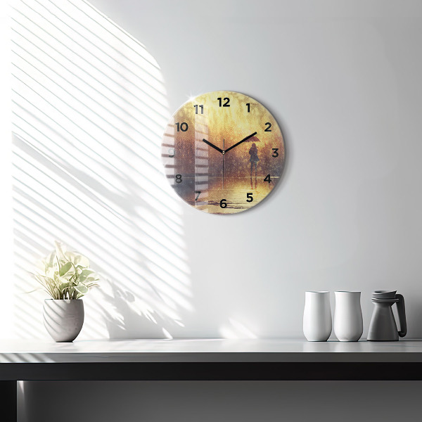 Round glass wall clock woman with umbrella