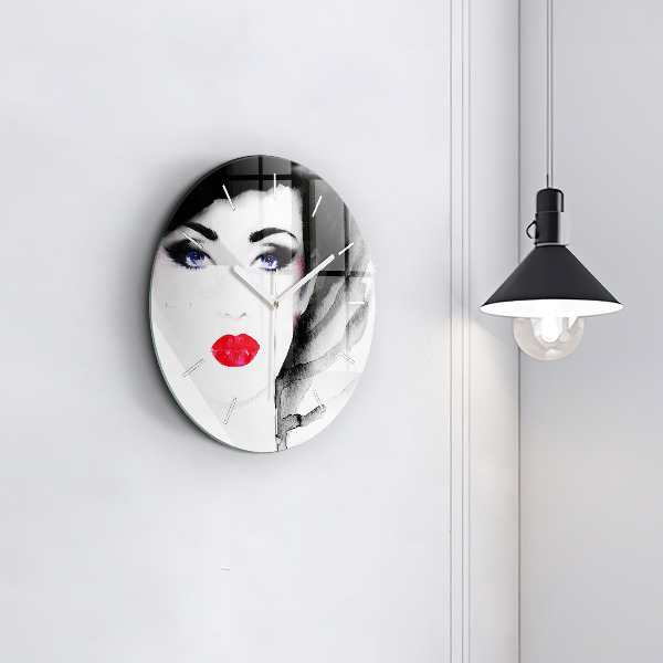 Round glass wall clock Portrait of a woman
