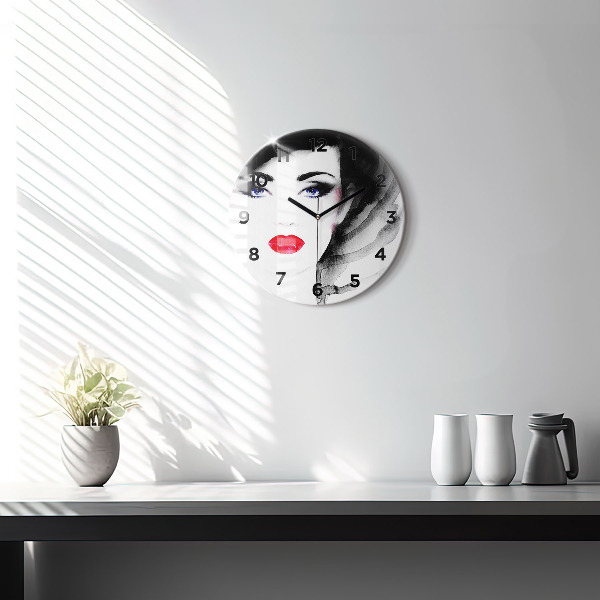 Round glass wall clock Portrait of a woman