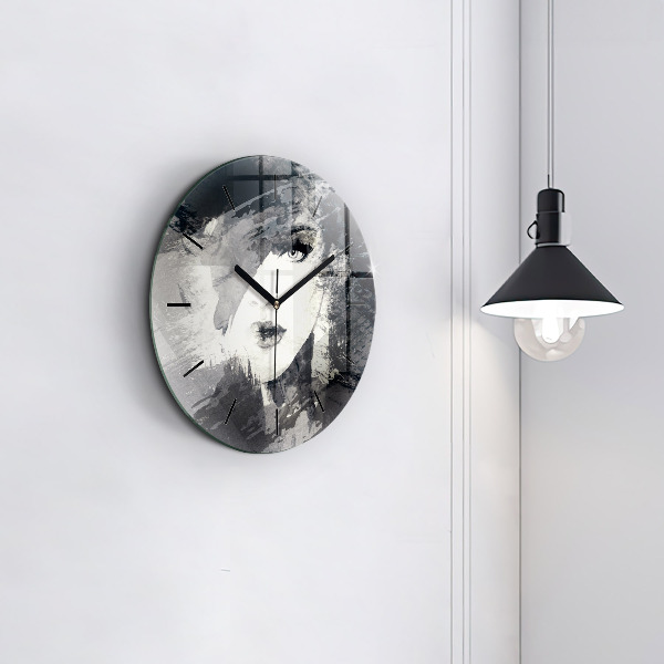 Round glass wall clock Woman - watercolors