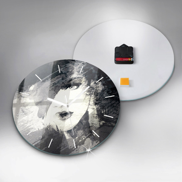 Round glass wall clock Woman - watercolors
