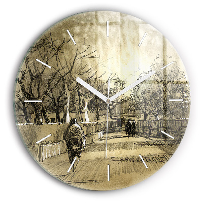 Round glass wall clock Park and trees in sepia