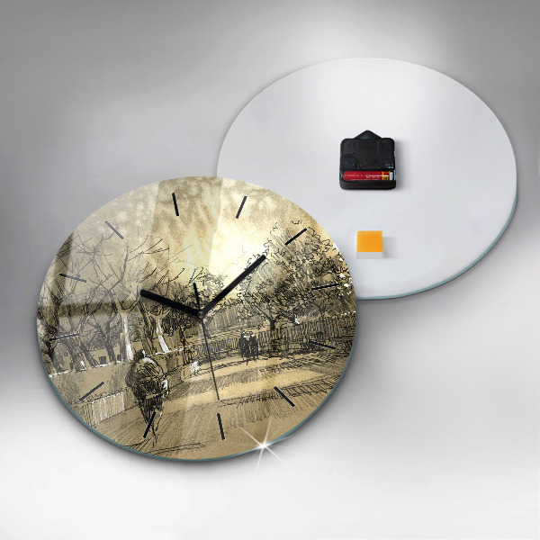 Round glass wall clock Park and trees in sepia