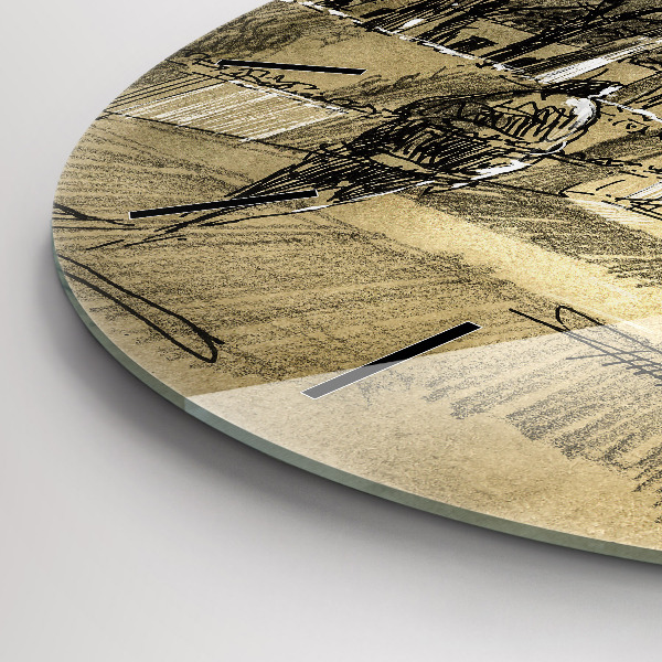 Round glass wall clock Park and trees in sepia