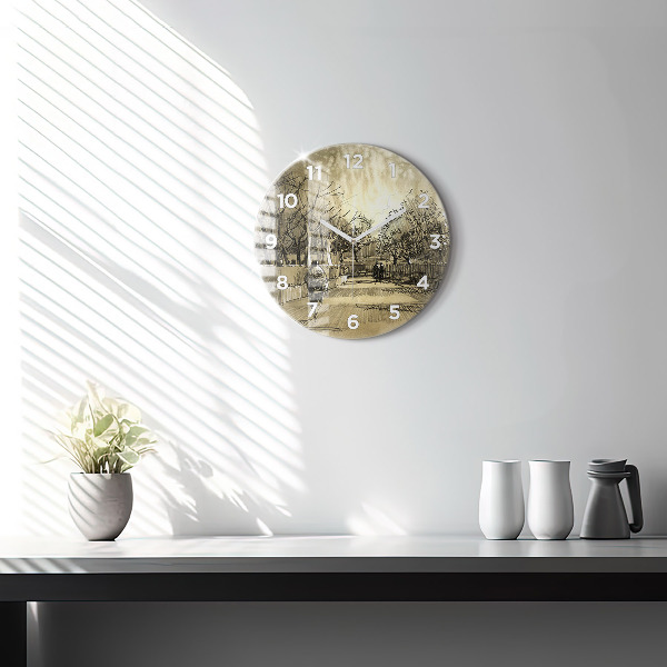 Round glass wall clock Park and trees in sepia