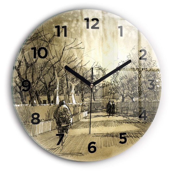Round glass wall clock Park and trees in sepia