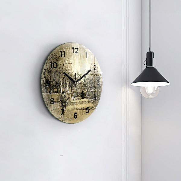 Round glass wall clock Park and trees in sepia
