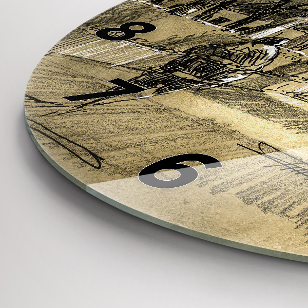 Round glass wall clock Park and trees in sepia