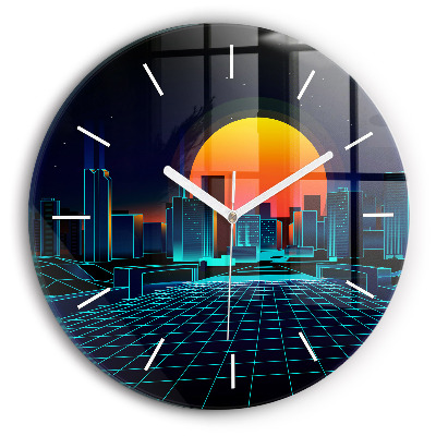 Round glass wall clock Cyberspace city