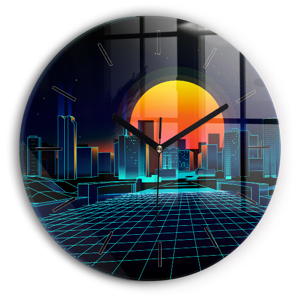 Round glass wall clock Cyberspace city