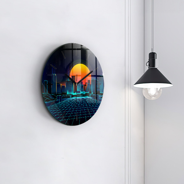 Round glass wall clock Cyberspace city