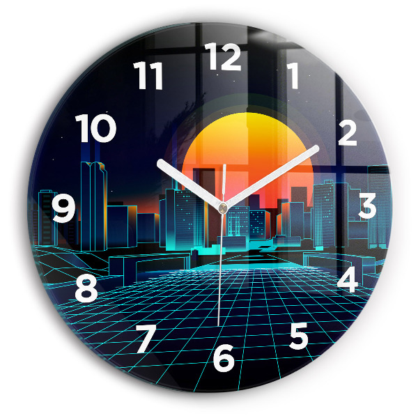 Round glass wall clock Cyberspace city