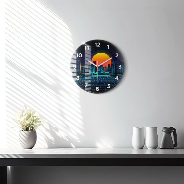 Round glass wall clock Cyberspace city