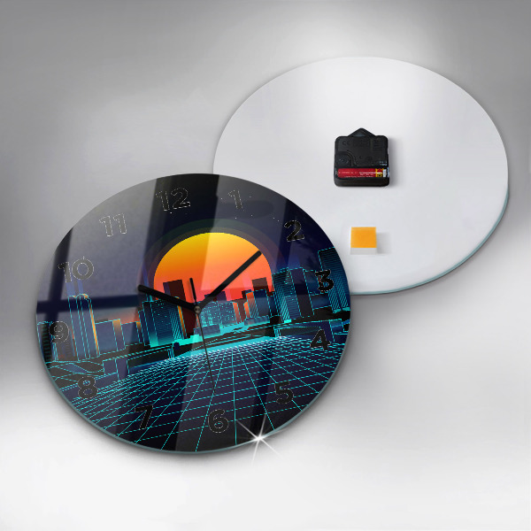 Round glass wall clock Cyberspace city