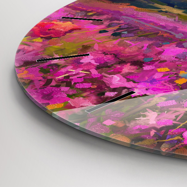 Round glass wall clock Landscape of nature and flowers