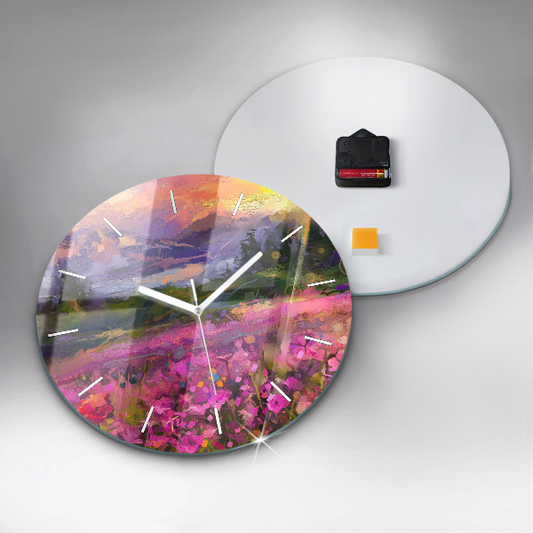 Round glass wall clock Landscape of nature and flowers