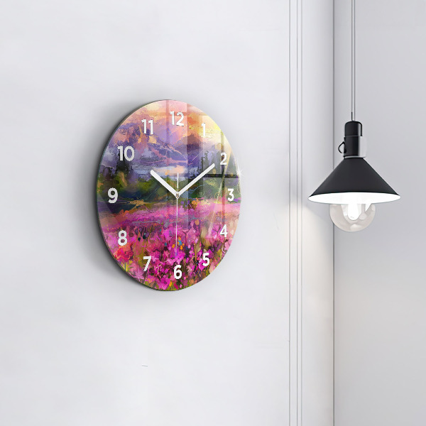 Round glass wall clock Landscape of nature and flowers