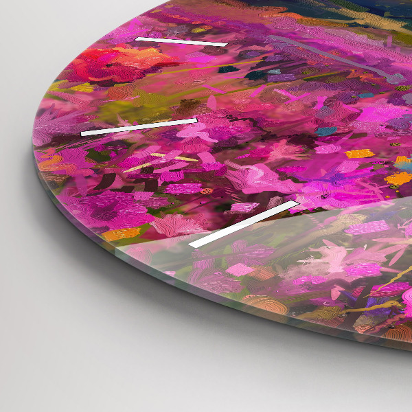 Round glass wall clock Landscape of nature and flowers