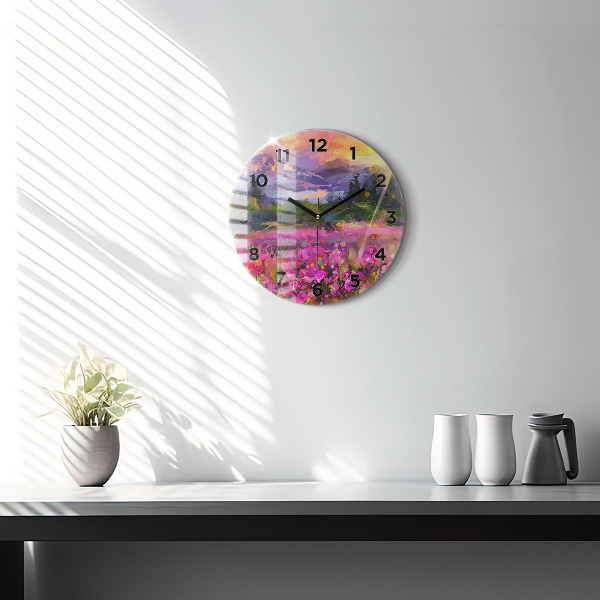 Round glass wall clock Landscape of nature and flowers