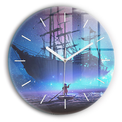 Round glass wall clock Fantasy sailing ship