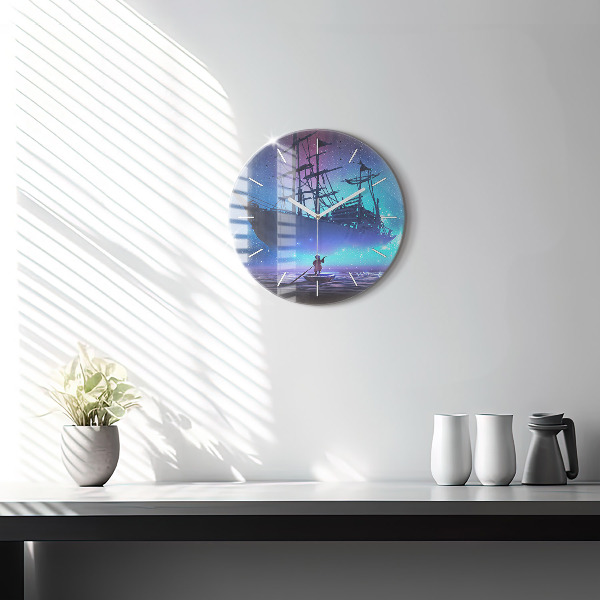 Round glass wall clock Fantasy sailing ship