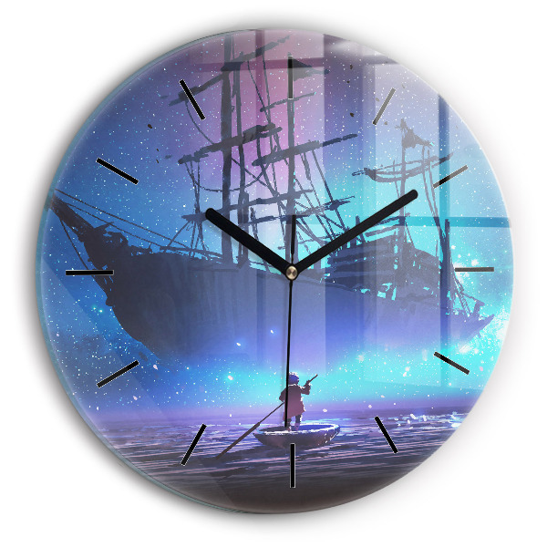 Round glass wall clock Fantasy sailing ship