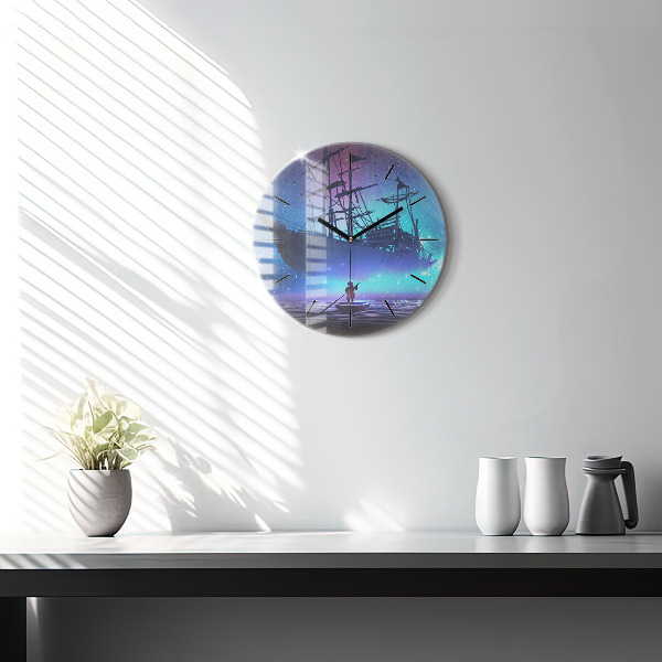 Round glass wall clock Fantasy sailing ship