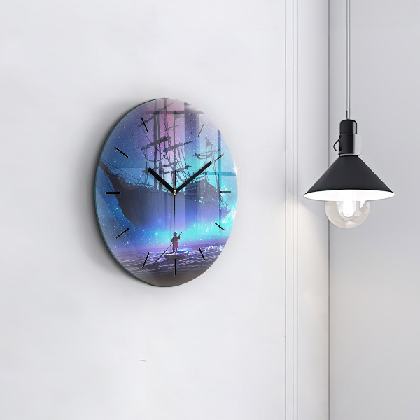 Round glass wall clock Fantasy sailing ship