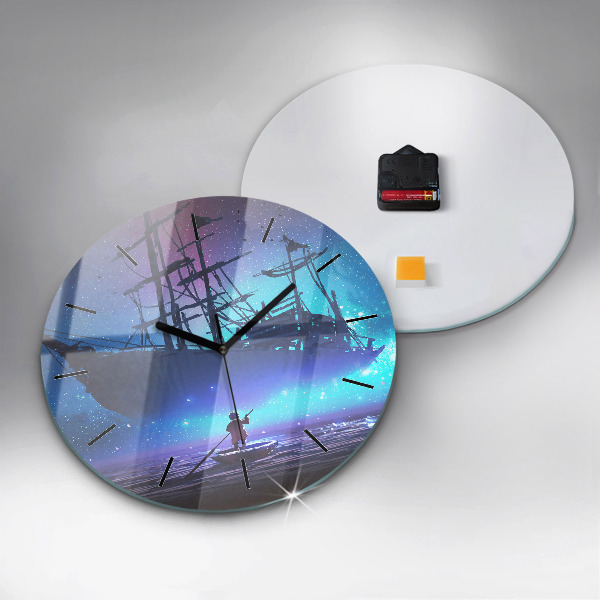 Round glass wall clock Fantasy sailing ship