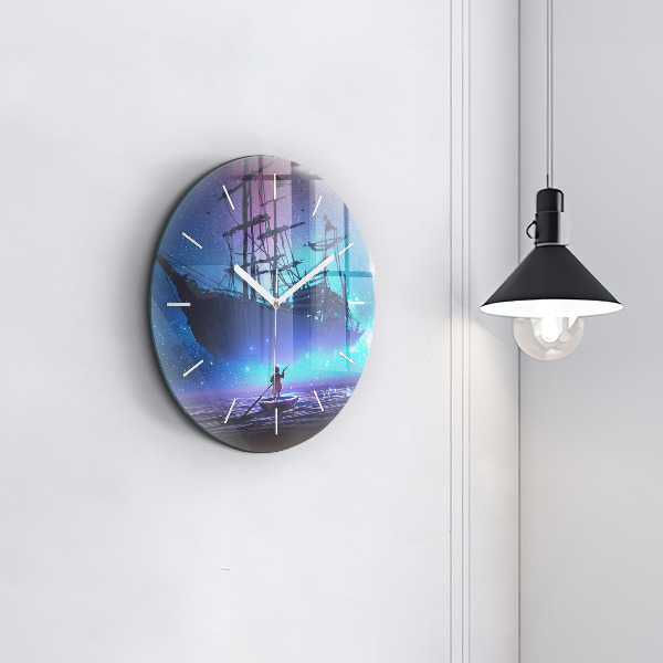 Round glass wall clock Fantasy sailing ship