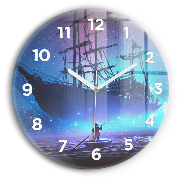 Round glass wall clock Fantasy sailing ship