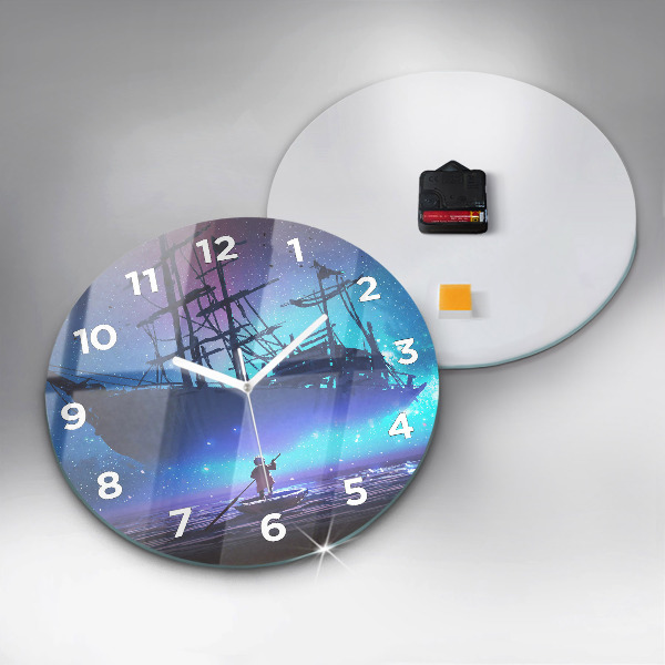 Round glass wall clock Fantasy sailing ship