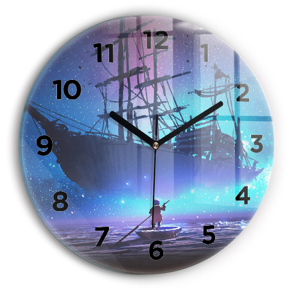 Round glass wall clock Fantasy sailing ship