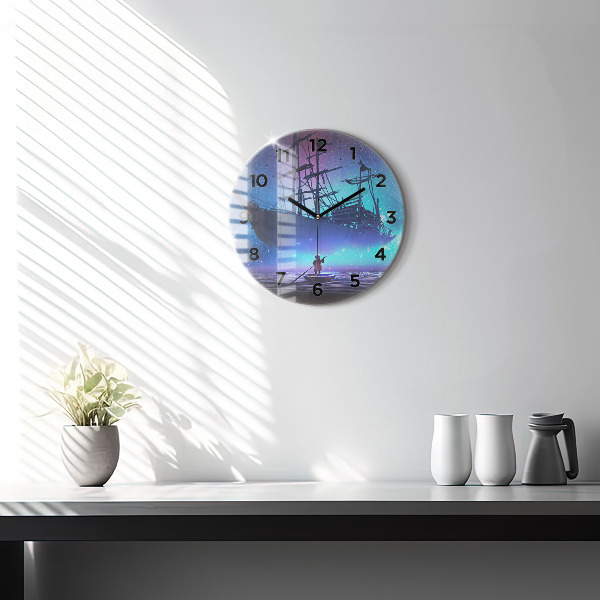 Round glass wall clock Fantasy sailing ship
