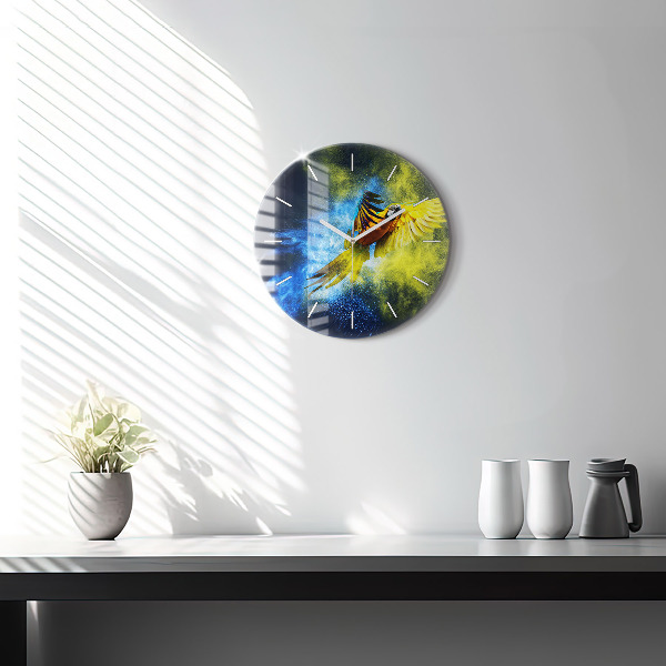 Round glass wall clock Colorful parrot