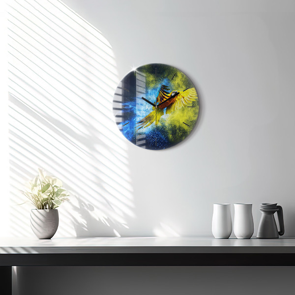 Round glass wall clock Colorful parrot