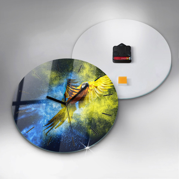 Round glass wall clock Colorful parrot