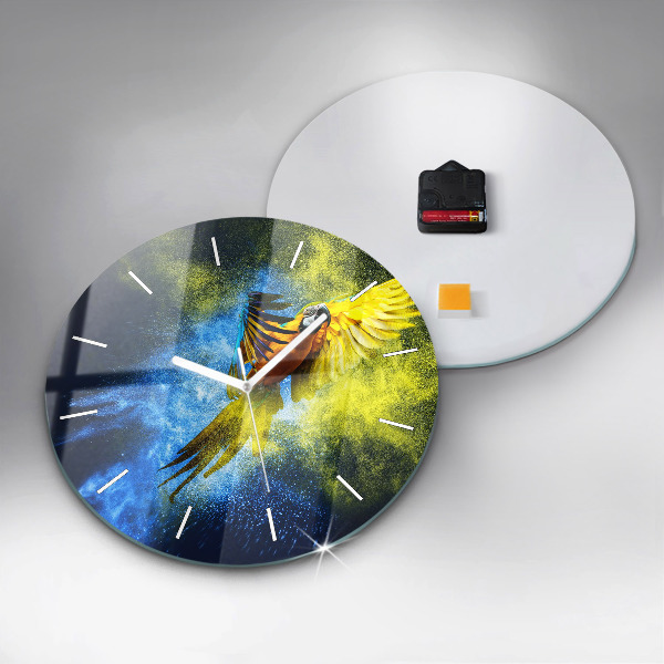 Round glass wall clock Colorful parrot