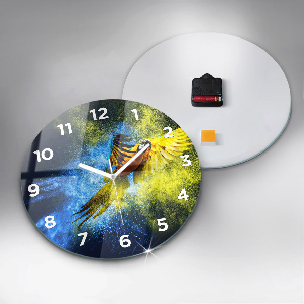 Round glass wall clock Colorful parrot