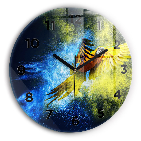 Round glass wall clock Colorful parrot