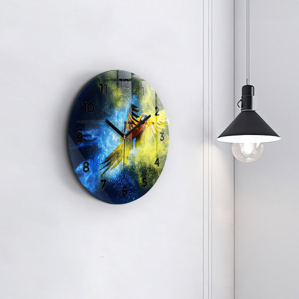 Round glass wall clock Colorful parrot