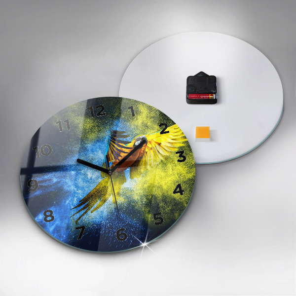 Round glass wall clock Colorful parrot