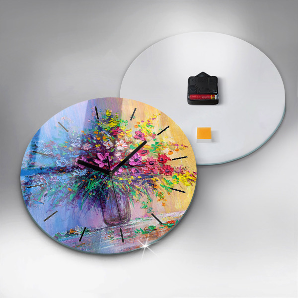 Round glass wall clock Flowers in a vase