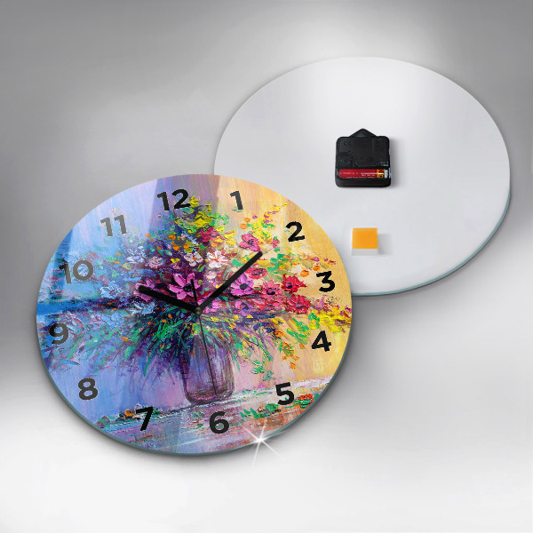 Round glass wall clock Flowers in a vase