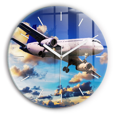 Round glass wall clock Airplane in the clouds