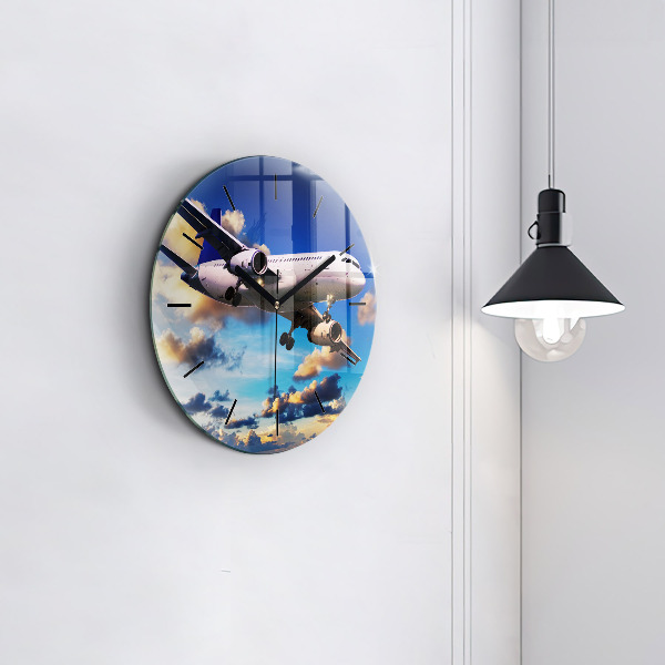 Round glass wall clock Airplane in the clouds